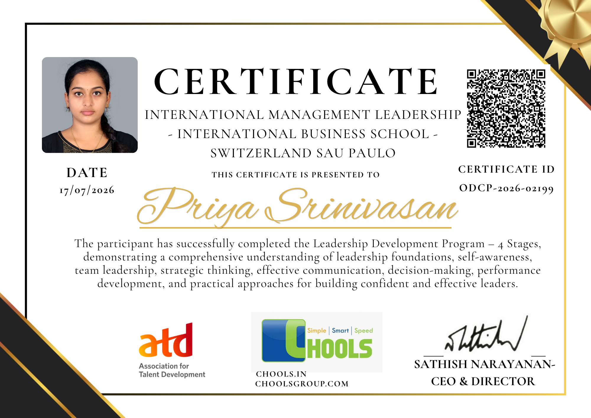 International Management Leadership - International Business School - Switzerland Sau Paulo Program Certificate